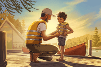 Father and son preparing for outdoor activity with life vests